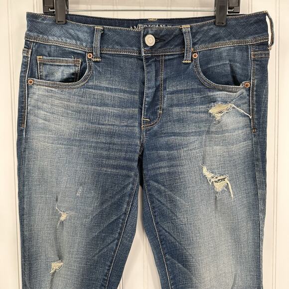 American Eagle Jeans Womens 12 Kick Boot Blue Denim Distress Grunge Western EUC - Picture 3 of 13